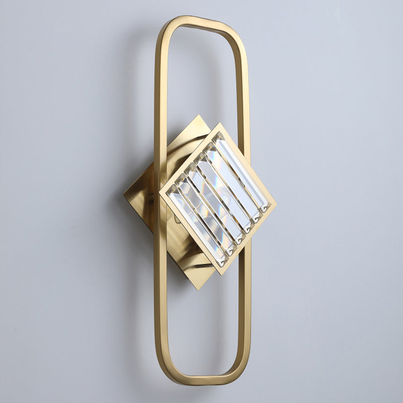 Gold 2 Bulbs Wall Lamp Modern Clear Crystal Blocks Square Wall Lighting with Rectangular Frame Clearhalo 'Modern wall lights' 'Modern' 'Wall Lamps & Sconces' 'Wall Lights' Lighting' 1418967