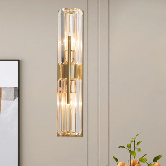 Traditional Tubular Flush Wall Sconce 2 Bulbs Clear Crystal Up and Down Wall Lighting in Gold Clearhalo 'Wall Lamps & Sconces' 'Wall Lights' Lighting' 1418970