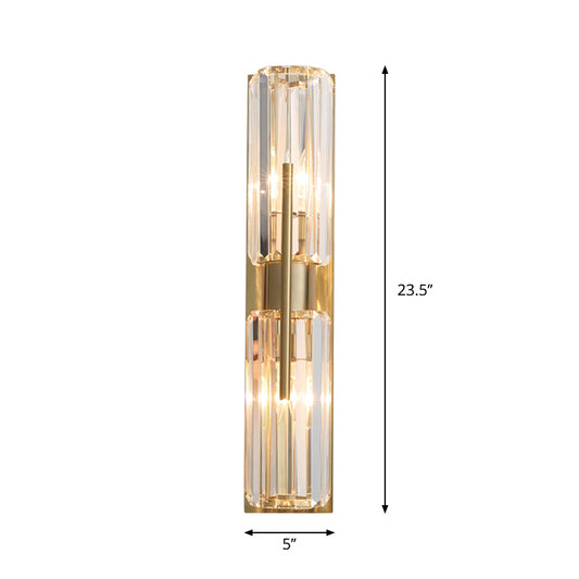 Traditional Tubular Flush Wall Sconce 2 Bulbs Clear Crystal Up and Down Wall Lighting in Gold Clearhalo 'Wall Lamps & Sconces' 'Wall Lights' Lighting' 1418972
