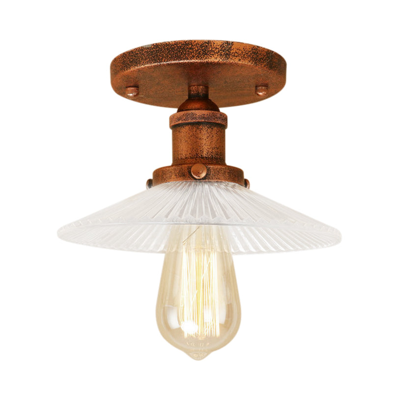 Cone Ribbed Glass Semi Mount Lighting Industrial 1 Bulb Living Room Ceiling Light in Black/Brass/Copper Clearhalo 'Ceiling Lights' 'Close To Ceiling Lights' 'Close to ceiling' 'Flush mount' 'Industrial Flush Mount' Lighting' 141898