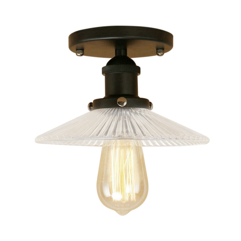 Cone Ribbed Glass Semi Mount Lighting Industrial 1 Bulb Living Room Ceiling Light in Black/Brass/Copper Clearhalo 'Ceiling Lights' 'Close To Ceiling Lights' 'Close to ceiling' 'Flush mount' 'Industrial Flush Mount' Lighting' 141900