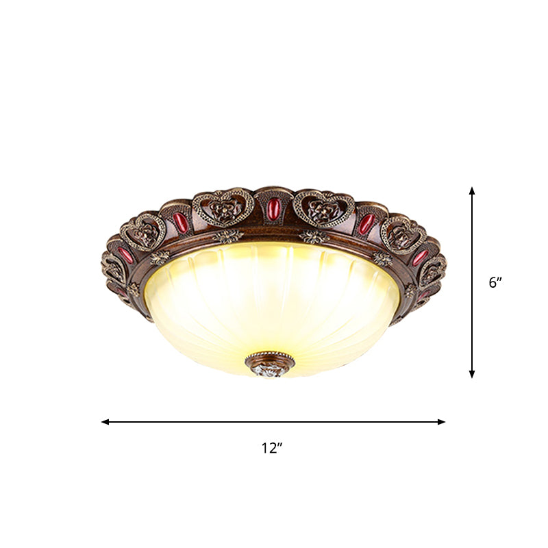 Dome Living Room Flush Light Farmhouse Ribbed Milky Glass LED Brown Ceiling Mounted Fixture, 12"/16"/19.5" Width
