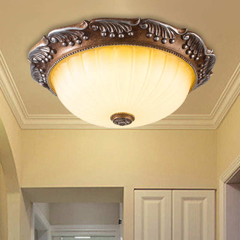 Brown 14"/16" W LED Ceiling Fixture Country Style Fluted Opal Glass Domed Flush Mount Lighting