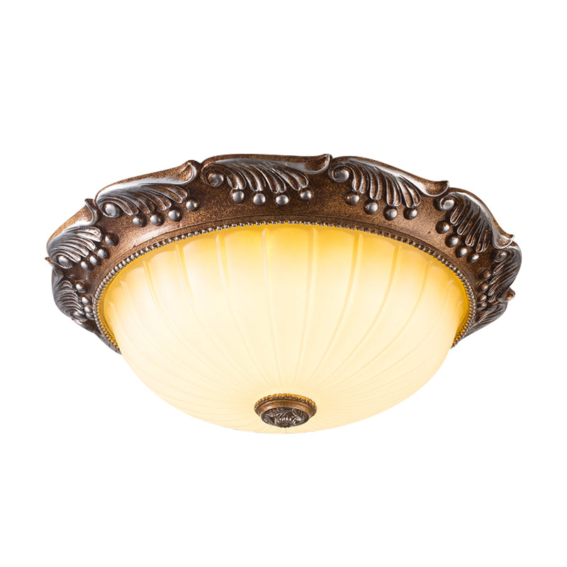 Brown 14"/16" W LED Ceiling Fixture Country Style Fluted Opal Glass Domed Flush Mount Lighting