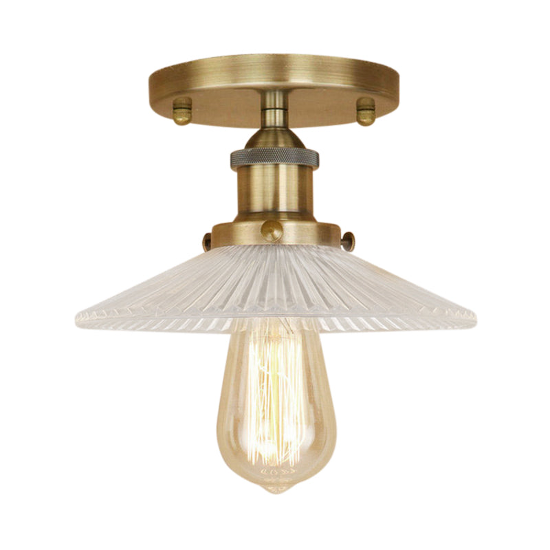 Cone Ribbed Glass Semi Mount Lighting Industrial 1 Bulb Living Room Ceiling Light in Black/Brass/Copper Clearhalo 'Ceiling Lights' 'Close To Ceiling Lights' 'Close to ceiling' 'Flush mount' 'Industrial Flush Mount' Lighting' 141902