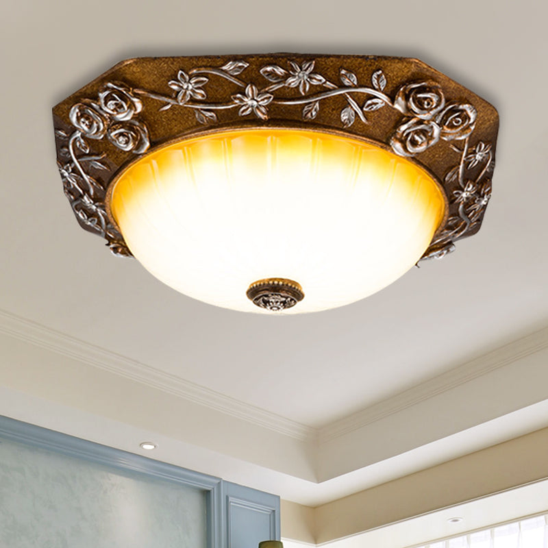 Milky Fluted Glass Round Flush Mount Traditional Dining Room LED Ceiling Light Fixture with Carving Bloom Decor in Brown, 14"/16" Wide - Brown - Clearhalo - 'Ceiling Lights' - 'Close To Ceiling Lights' - 'Close to ceiling' - 'Flush mount' - Lighting' - 1419022
