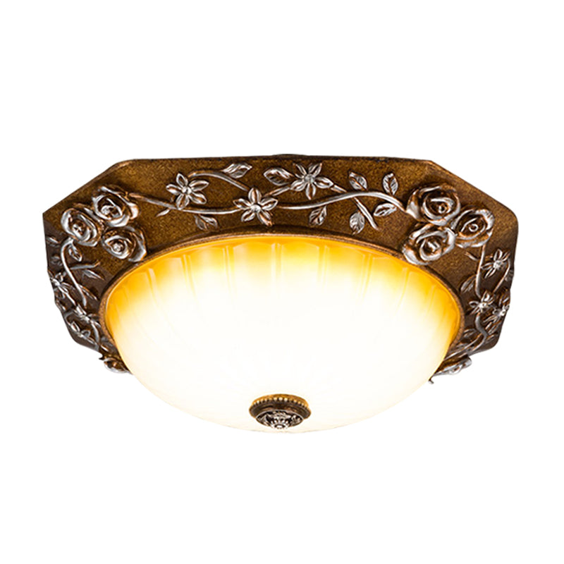Milky Fluted Glass Round Flush Mount Traditional Dining Room LED Ceiling Light Fixture with Carving Bloom Decor in Brown, 14"/16" Wide - Clearhalo - 'Ceiling Lights' - 'Close To Ceiling Lights' - 'Close to ceiling' - 'Flush mount' - Lighting' - 1419023