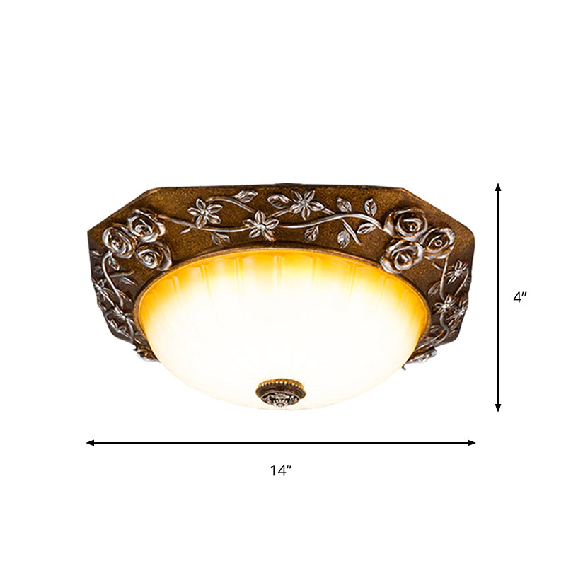 Milky Fluted Glass Round Flush Mount Traditional Dining Room LED Ceiling Light Fixture with Carving Bloom Decor in Brown, 14"/16" Wide - Clearhalo - 'Ceiling Lights' - 'Close To Ceiling Lights' - 'Close to ceiling' - 'Flush mount' - Lighting' - 1419025