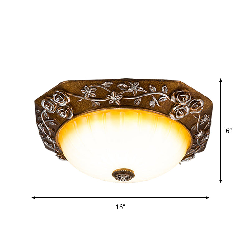 Milky Fluted Glass Round Flush Mount Traditional Dining Room LED Ceiling Light Fixture with Carving Bloom Decor in Brown, 14"/16" Wide - Clearhalo - 'Ceiling Lights' - 'Close To Ceiling Lights' - 'Close to ceiling' - 'Flush mount' - Lighting' - 1419026