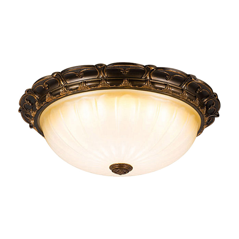 14"/16" W Vintage Dome-Like Ceiling Lamp White Ribbed Glass LED Flush Mount Fixture in Brown Clearhalo 'Ceiling Lights' 'Close To Ceiling Lights' 'Close to ceiling' 'Flush mount' Lighting' 1419032