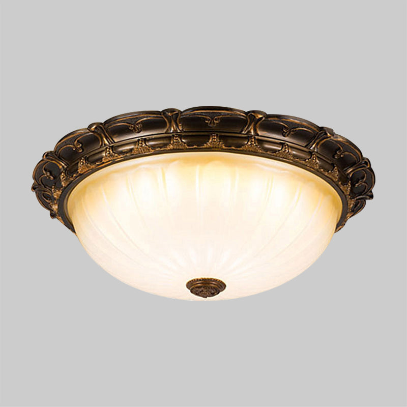 14"/16" W Vintage Dome-Like Ceiling Lamp White Ribbed Glass LED Flush Mount Fixture in Brown Clearhalo 'Ceiling Lights' 'Close To Ceiling Lights' 'Close to ceiling' 'Flush mount' Lighting' 1419033