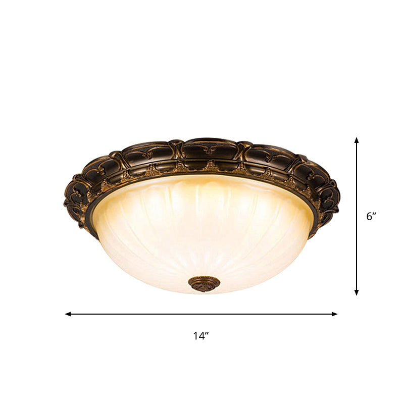 14"/16" W Vintage Dome-Like Ceiling Lamp White Ribbed Glass LED Flush Mount Fixture in Brown Clearhalo 'Ceiling Lights' 'Close To Ceiling Lights' 'Close to ceiling' 'Flush mount' Lighting' 1419034