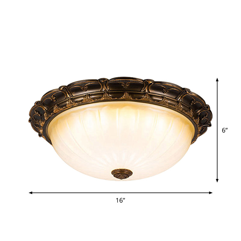 14"/16" W Vintage Dome-Like Ceiling Lamp White Ribbed Glass LED Flush Mount Fixture in Brown Clearhalo 'Ceiling Lights' 'Close To Ceiling Lights' 'Close to ceiling' 'Flush mount' Lighting' 1419035