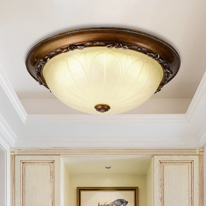 LED Semicircle Flush Mount Countryside Brown Ribbed Frosted Glass Ceiling Fixture, 14"/16" Width Brown Clearhalo 'Ceiling Lights' 'Close To Ceiling Lights' 'Close to ceiling' 'Flush mount' Lighting' 1419036