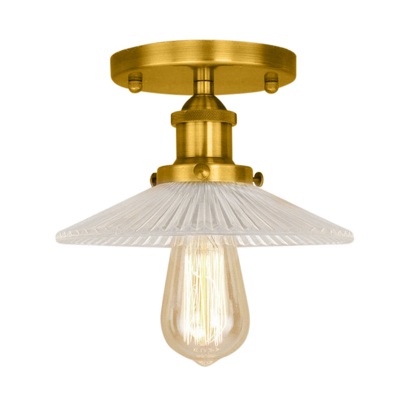 Cone Ribbed Glass Semi Mount Lighting Industrial 1 Bulb Living Room Ceiling Light in Black/Brass/Copper Clearhalo 'Ceiling Lights' 'Close To Ceiling Lights' 'Close to ceiling' 'Flush mount' 'Industrial Flush Mount' Lighting' 141904