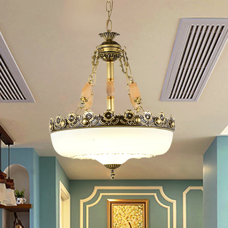 Barn-Like White Glass Pendant Light Classic Single Bulb Bedroom Suspension Lighting Fixture in Beige/Brass, 12"/16"/19.5" W Brass Clearhalo 'Ceiling Lights' 'Glass shade' 'Glass' 'Pendant Lights' 'Pendants' Lighting' 1419041