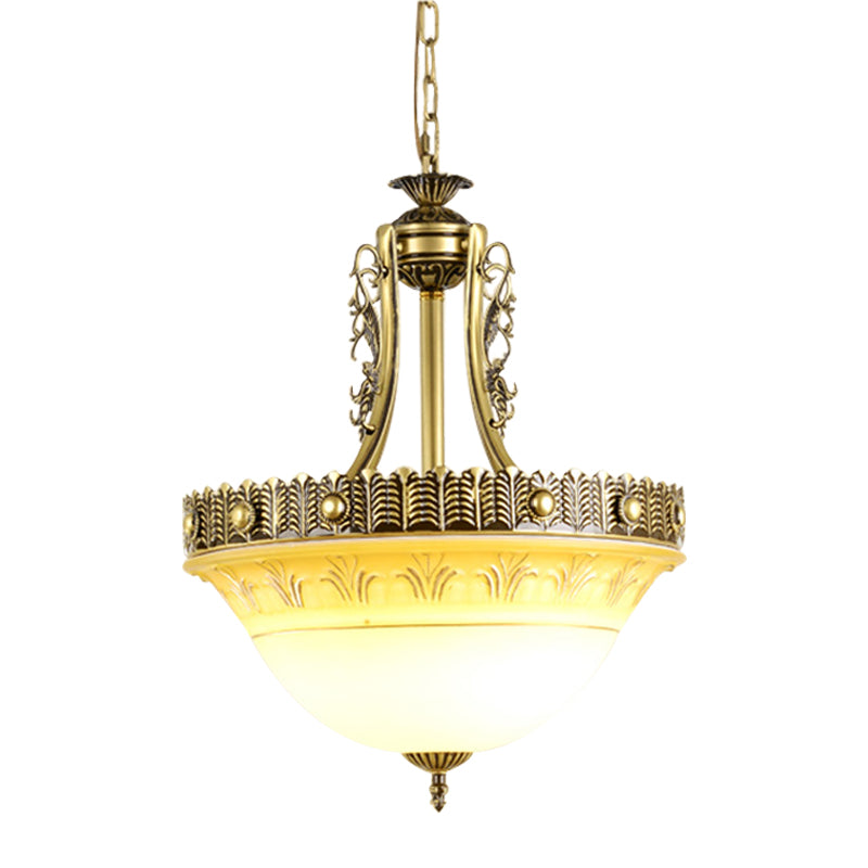 Beige/Brass Bell Shape Hanging Lamp Rustic Style Milky Glass 12"/16"/19.5" Wide Single Head Hallway Down Lighting Pendant Clearhalo 'Ceiling Lights' 'Close To Ceiling Lights' 'Glass shade' 'Glass' 'Pendant Lights' 'Pendants' Lighting' 1419052