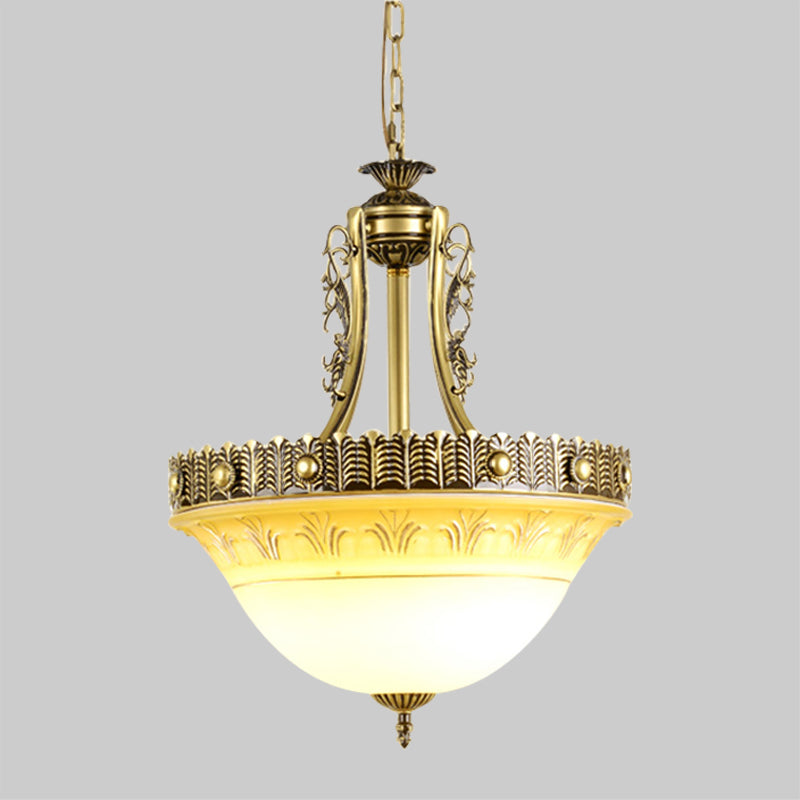 Beige/Brass Bell Shape Hanging Lamp Rustic Style Milky Glass 12"/16"/19.5" Wide Single Head Hallway Down Lighting Pendant Clearhalo 'Ceiling Lights' 'Close To Ceiling Lights' 'Glass shade' 'Glass' 'Pendant Lights' 'Pendants' Lighting' 1419053