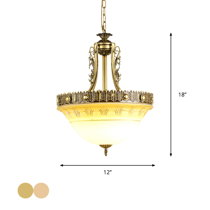 Beige/Brass Bell Shape Hanging Lamp Rustic Style Milky Glass 12"/16"/19.5" Wide Single Head Hallway Down Lighting Pendant Clearhalo 'Ceiling Lights' 'Close To Ceiling Lights' 'Glass shade' 'Glass' 'Pendant Lights' 'Pendants' Lighting' 1419054