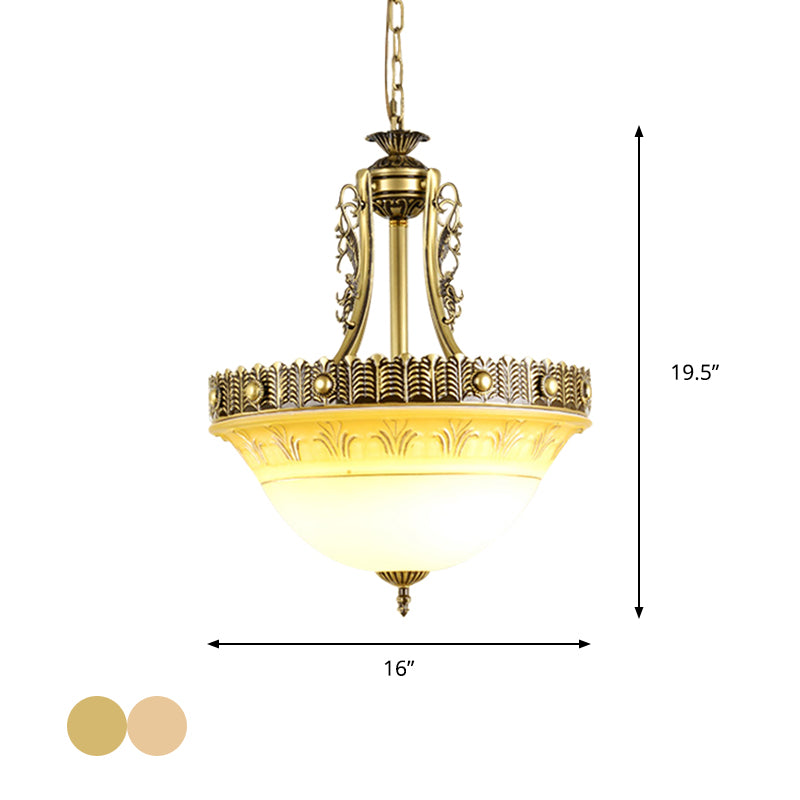 Beige/Brass Bell Shape Hanging Lamp Rustic Style Milky Glass 12"/16"/19.5" Wide Single Head Hallway Down Lighting Pendant Clearhalo 'Ceiling Lights' 'Close To Ceiling Lights' 'Glass shade' 'Glass' 'Pendant Lights' 'Pendants' Lighting' 1419055