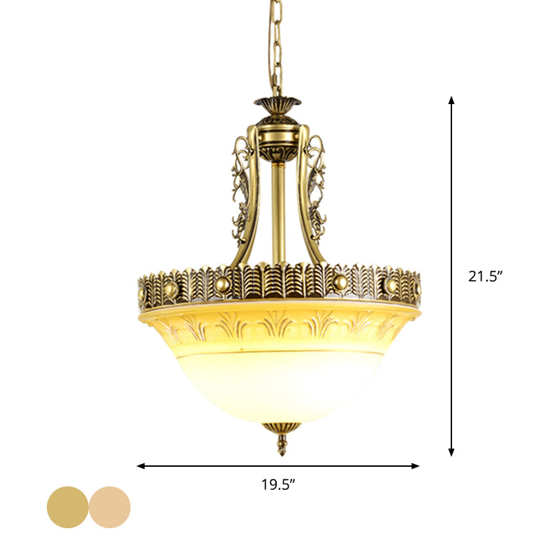 Beige/Brass Bell Shape Hanging Lamp Rustic Style Milky Glass 12"/16"/19.5" Wide Single Head Hallway Down Lighting Pendant Clearhalo 'Ceiling Lights' 'Close To Ceiling Lights' 'Glass shade' 'Glass' 'Pendant Lights' 'Pendants' Lighting' 1419056