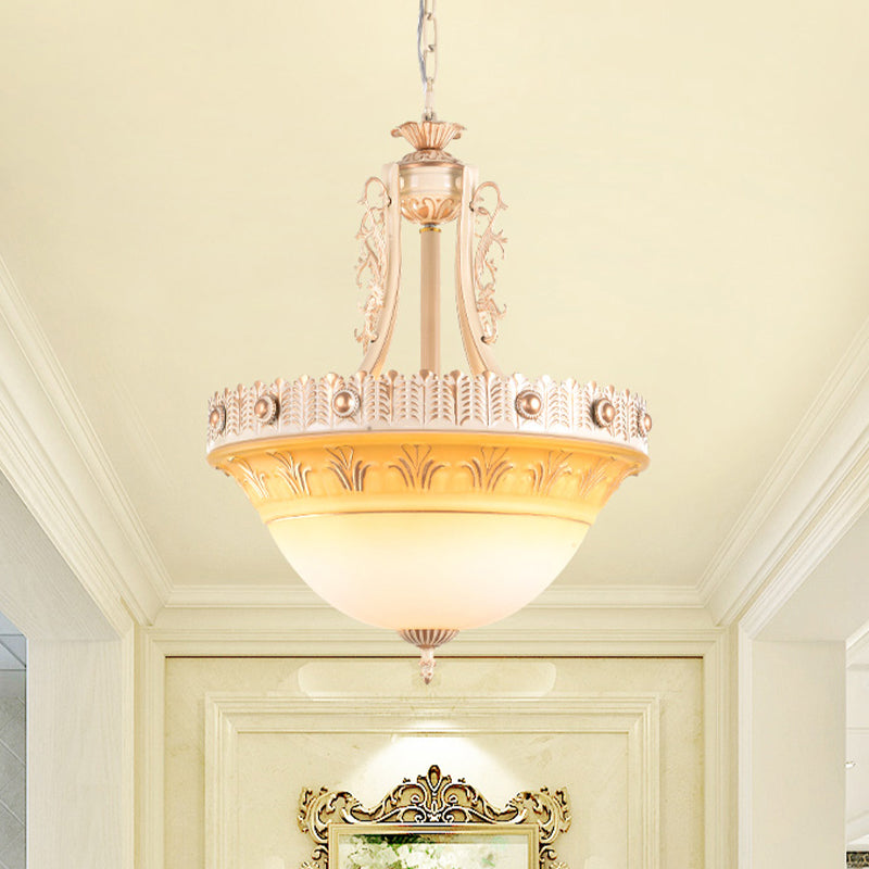 Beige/Brass Bell Shape Hanging Lamp Rustic Style Milky Glass 12"/16"/19.5" Wide Single Head Hallway Down Lighting Pendant Beige Clearhalo 'Ceiling Lights' 'Close To Ceiling Lights' 'Glass shade' 'Glass' 'Pendant Lights' 'Pendants' Lighting' 1419057