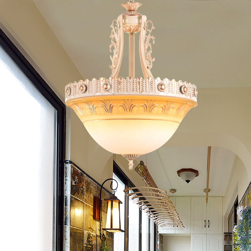 Beige/Brass Bell Shape Hanging Lamp Rustic Style Milky Glass 12"/16"/19.5" Wide Single Head Hallway Down Lighting Pendant Clearhalo 'Ceiling Lights' 'Close To Ceiling Lights' 'Glass shade' 'Glass' 'Pendant Lights' 'Pendants' Lighting' 1419058