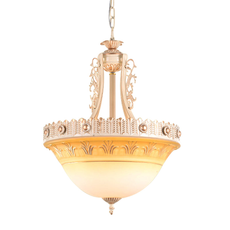 Beige/Brass Bell Shape Hanging Lamp Rustic Style Milky Glass 12"/16"/19.5" Wide Single Head Hallway Down Lighting Pendant Clearhalo 'Ceiling Lights' 'Close To Ceiling Lights' 'Glass shade' 'Glass' 'Pendant Lights' 'Pendants' Lighting' 1419059
