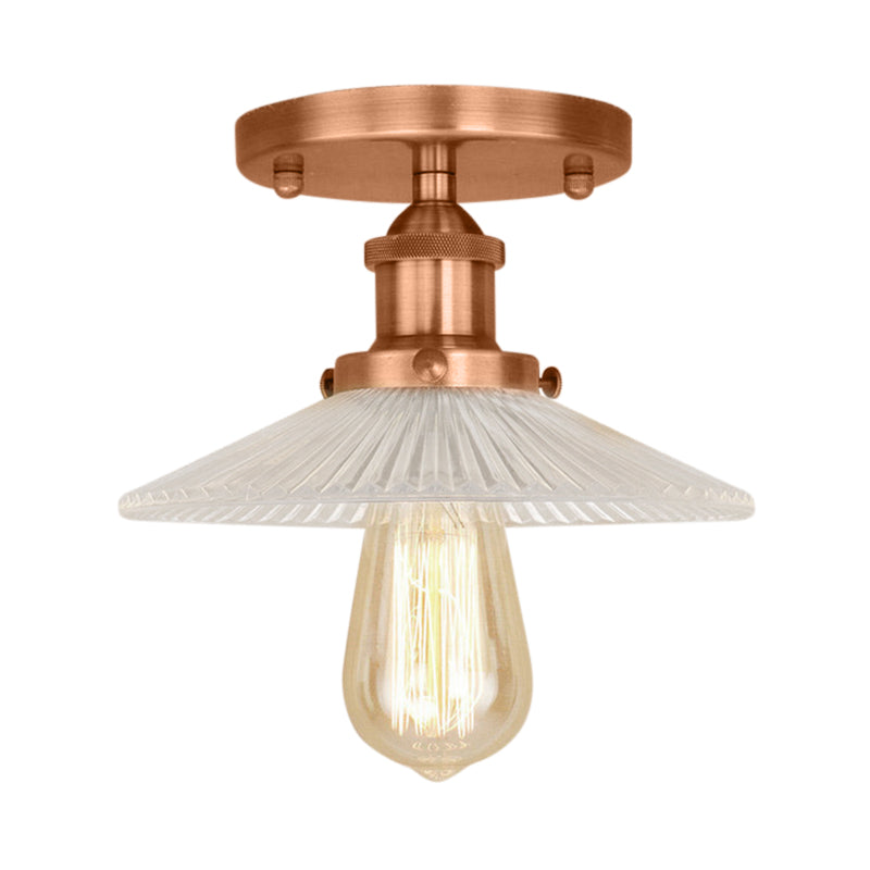 Cone Ribbed Glass Semi Mount Lighting Industrial 1 Bulb Living Room Ceiling Light in Black/Brass/Copper Clearhalo 'Ceiling Lights' 'Close To Ceiling Lights' 'Close to ceiling' 'Flush mount' 'Industrial Flush Mount' Lighting' 141906
