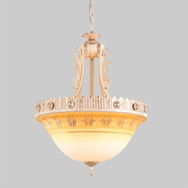 Beige/Brass Bell Shape Hanging Lamp Rustic Style Milky Glass 12"/16"/19.5" Wide Single Head Hallway Down Lighting Pendant Clearhalo 'Ceiling Lights' 'Close To Ceiling Lights' 'Glass shade' 'Glass' 'Pendant Lights' 'Pendants' Lighting' 1419060
