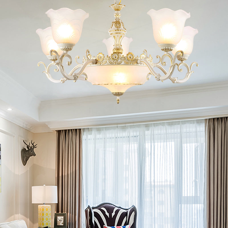Opaline Glass Flower Ceiling Lamp Traditional 5/7-Light Drawing Room Pendant Chandelier in White and Gold 7 White-Gold Clearhalo 'Ceiling Lights' 'Chandeliers' 'Glass shade' 'Glass' Lighting' 1419070