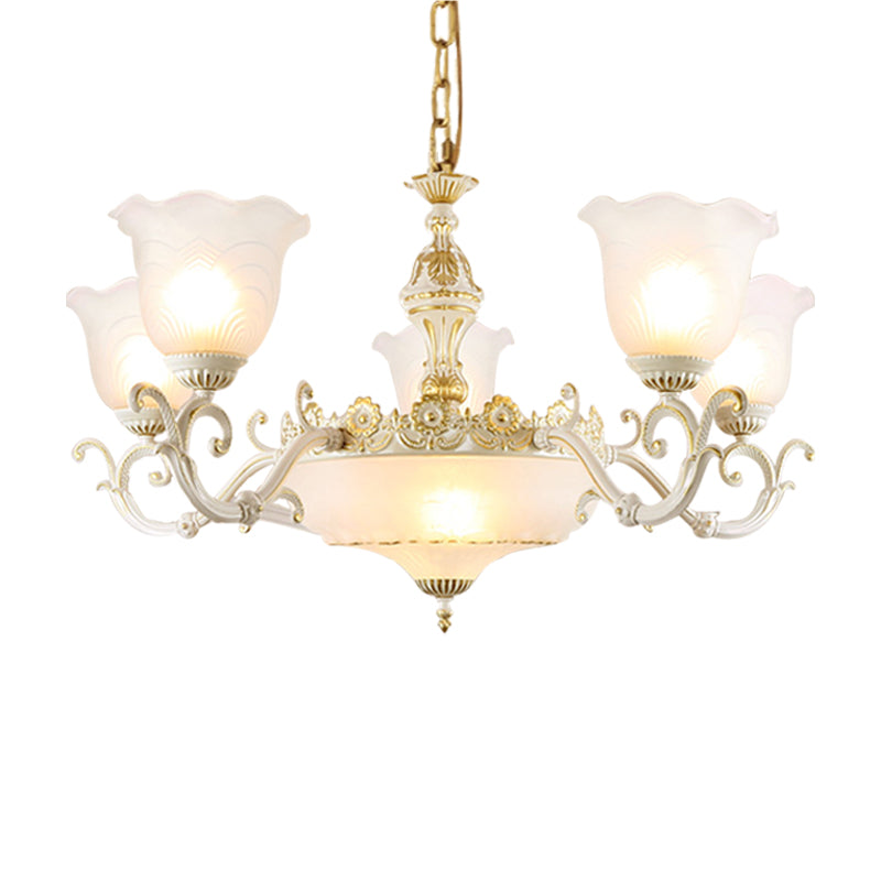 Opaline Glass Flower Ceiling Lamp Traditional 5/7-Light Drawing Room Pendant Chandelier in White and Gold Clearhalo 'Ceiling Lights' 'Chandeliers' 'Glass shade' 'Glass' Lighting' 1419071