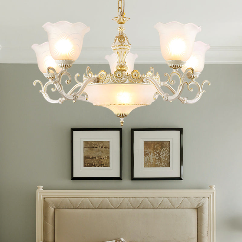 Opaline Glass Flower Ceiling Lamp Traditional 5/7-Light Drawing Room Pendant Chandelier in White and Gold Clearhalo 'Ceiling Lights' 'Chandeliers' 'Glass shade' 'Glass' Lighting' 1419074