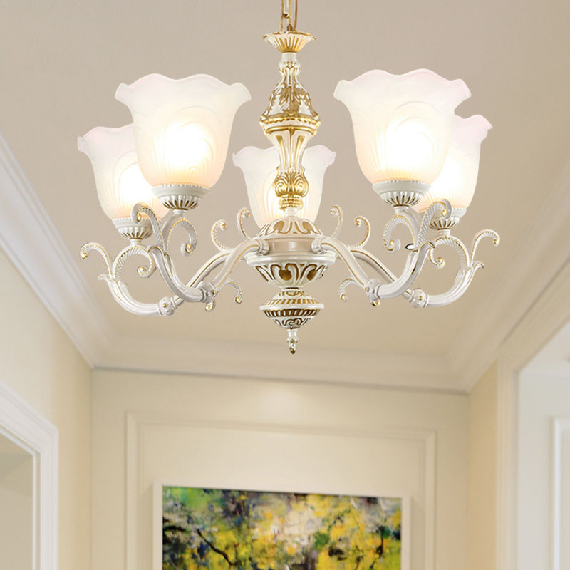Opaline Glass Flower Ceiling Lamp Traditional 5/7-Light Drawing Room Pendant Chandelier in White and Gold 5 White-Gold Clearhalo 'Ceiling Lights' 'Chandeliers' 'Glass shade' 'Glass' Lighting' 1419078