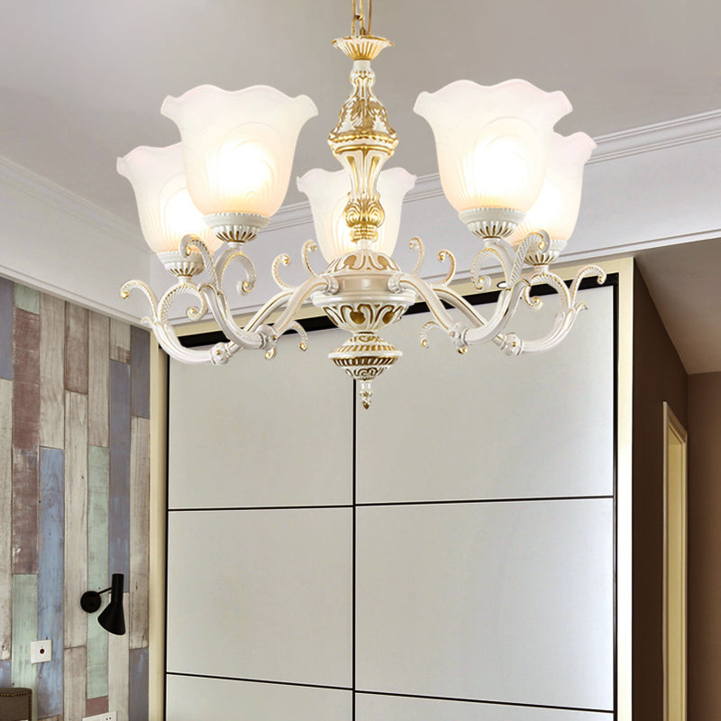 Opaline Glass Flower Ceiling Lamp Traditional 5/7-Light Drawing Room Pendant Chandelier in White and Gold Clearhalo 'Ceiling Lights' 'Chandeliers' 'Glass shade' 'Glass' Lighting' 1419079