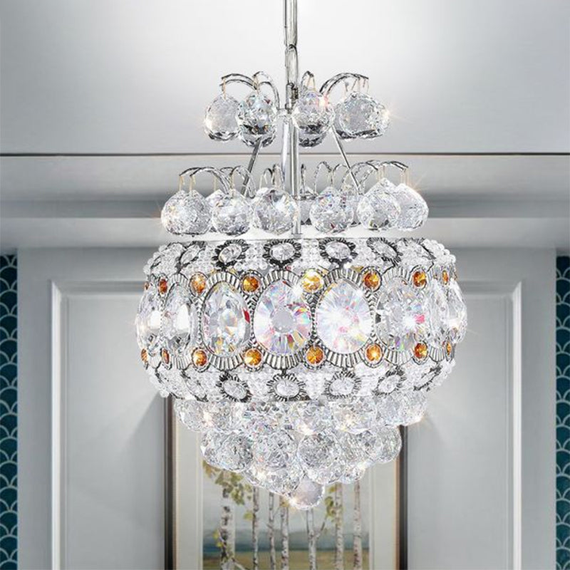 Cascading Chandelier Light Modern Clear Crystal Balls 3 Heads Silver Suspension Pendant for Corridor Clearhalo 'Ceiling Lights' 'Chandeliers' 'Clear' 'Industrial' 'Modern Chandeliers' 'Modern' 'Tiffany' 'Traditional Chandeliers' Lighting' 1419101