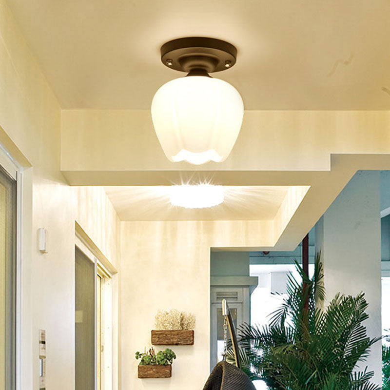 One Bulb Bowl Semi Flush Light Industrial Black Opal Glass Lighting Fixture for Corridor White Clearhalo 'Ceiling Lights' 'Close To Ceiling Lights' 'Close to ceiling' 'Glass shade' 'Glass' 'Island Lights' 'Semi-flushmount' Lighting' 141911