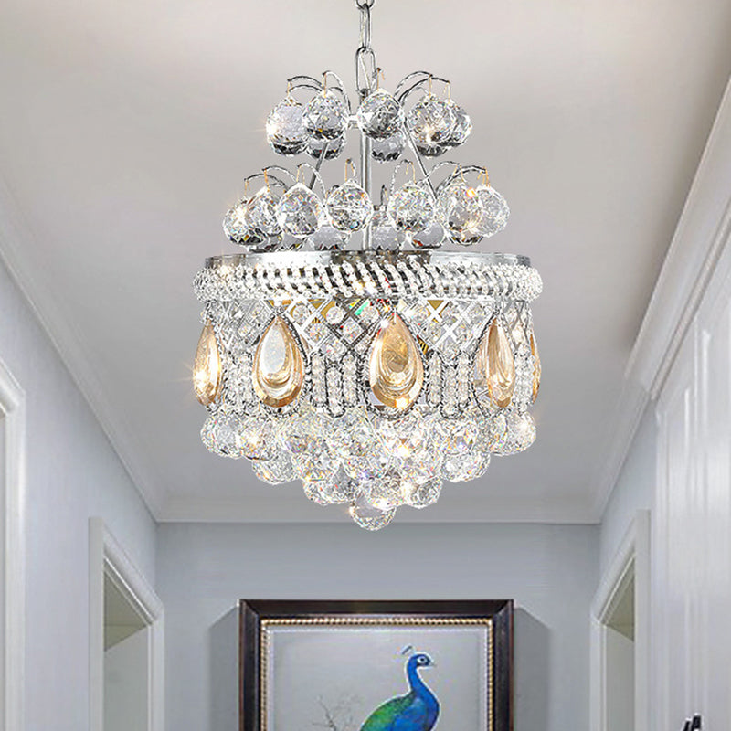 Clear Crystal Orbs Cascade Suspension Pendant Contemporary 3 Bulbs Hallway Chandelier Lighting in Silver with Drop/Leaf Design Clearhalo 'Ceiling Lights' 'Chandeliers' 'Clear' 'Industrial' 'Modern Chandeliers' 'Modern' 'Tiffany' 'Traditional Chandeliers' Lighting' 1419114