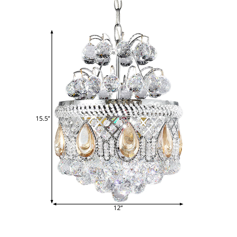 Clear Crystal Orbs Cascade Suspension Pendant Contemporary 3 Bulbs Hallway Chandelier Lighting in Silver with Drop/Leaf Design Clearhalo 'Ceiling Lights' 'Chandeliers' 'Clear' 'Industrial' 'Modern Chandeliers' 'Modern' 'Tiffany' 'Traditional Chandeliers' Lighting' 1419117