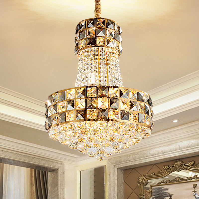 Cone Pendant Chandelier Modern Beveled Crystal 3/8 Lights Living Room Ceiling Suspension Lamp in Gold Clearhalo 'Ceiling Lights' 'Chandeliers' 'Modern Chandeliers' 'Modern' Lighting' 1419129