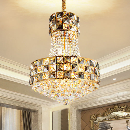 Cone Pendant Chandelier Modern Beveled Crystal 3/8 Lights Living Room Ceiling Suspension Lamp in Gold Clearhalo 'Ceiling Lights' 'Chandeliers' 'Modern Chandeliers' 'Modern' Lighting' 1419129