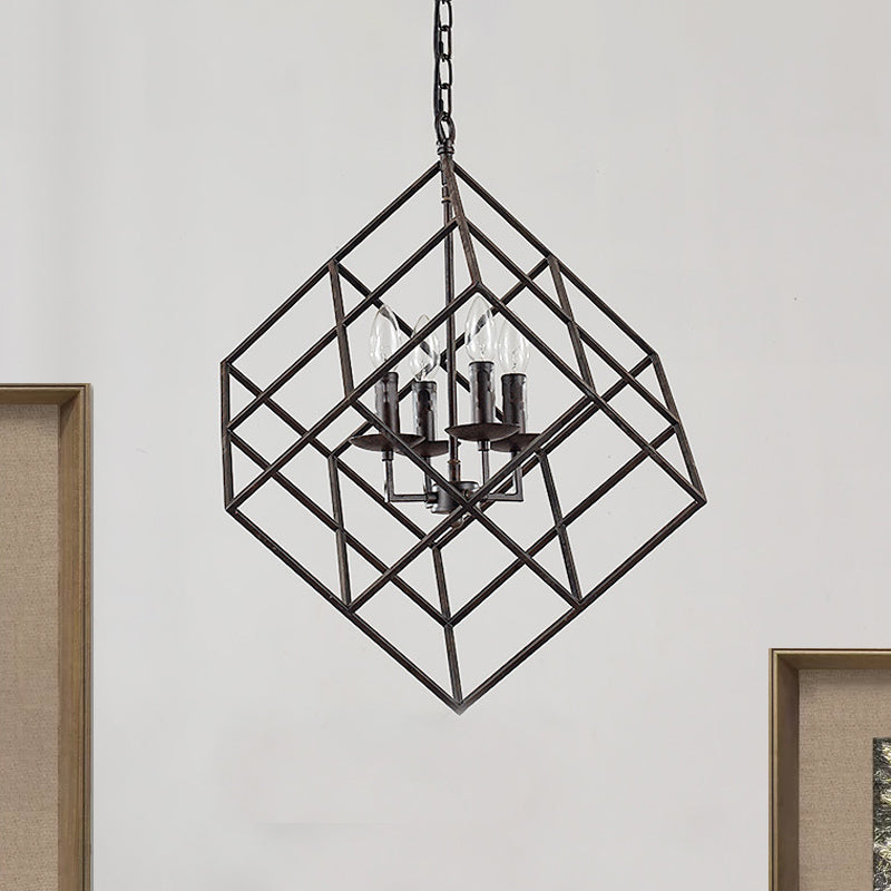 Cubic Cage Iron Chandelier Pendant Light Retro Loft 4 Lights Restaurant Hanging Lamp with Candle in Black Clearhalo 'Cast Iron' 'Ceiling Lights' 'Chandeliers' 'Industrial Chandeliers' 'Industrial' 'Metal' 'Middle Century Chandeliers' 'Rustic Chandeliers' 'Tiffany' Lighting' 1419162