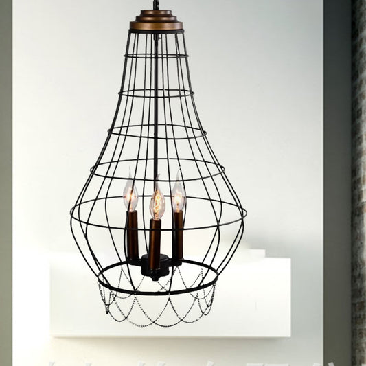 Black Finish Wire Guard Drop Light Industrial Stylish Metal 3 Lights Balcony Pendant Lamp with Candle Design Clearhalo 'Cast Iron' 'Ceiling Lights' 'Chandeliers' 'Industrial Chandeliers' 'Industrial' 'Metal' 'Middle Century Chandeliers' 'Rustic Chandeliers' 'Tiffany' Lighting' 1419163