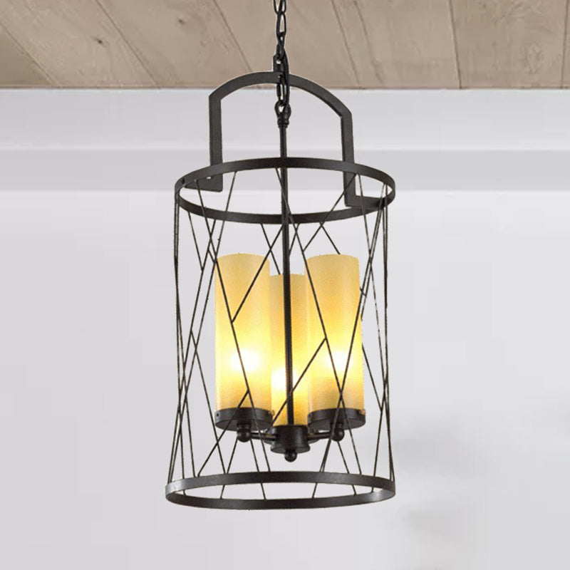 Cylinder Glass Shade Hanging Light with Wire Frame Industrial 3 Heads Restaurant Pendant Lamp in Black Clearhalo 'Cast Iron' 'Ceiling Lights' 'Chandeliers' 'Industrial Chandeliers' 'Industrial' 'Metal' 'Middle Century Chandeliers' 'Rustic Chandeliers' 'Tiffany' Lighting' 1419164