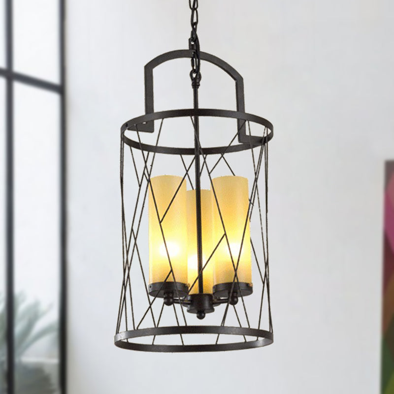 Cylinder Glass Shade Hanging Light with Wire Frame Industrial 3 Heads Restaurant Pendant Lamp in Black Clearhalo 'Cast Iron' 'Ceiling Lights' 'Chandeliers' 'Industrial Chandeliers' 'Industrial' 'Metal' 'Middle Century Chandeliers' 'Rustic Chandeliers' 'Tiffany' Lighting' 1419165