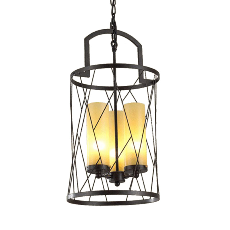 Cylinder Glass Shade Hanging Light with Wire Frame Industrial 3 Heads Restaurant Pendant Lamp in Black Clearhalo 'Cast Iron' 'Ceiling Lights' 'Chandeliers' 'Industrial Chandeliers' 'Industrial' 'Metal' 'Middle Century Chandeliers' 'Rustic Chandeliers' 'Tiffany' Lighting' 1419166