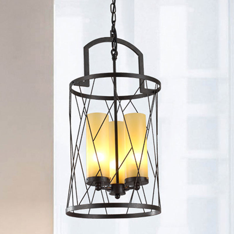 Cylinder Glass Shade Hanging Light with Wire Frame Industrial 3 Heads Restaurant Pendant Lamp in Black Clearhalo 'Cast Iron' 'Ceiling Lights' 'Chandeliers' 'Industrial Chandeliers' 'Industrial' 'Metal' 'Middle Century Chandeliers' 'Rustic Chandeliers' 'Tiffany' Lighting' 1419168