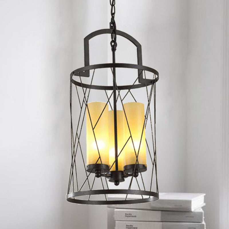 Cylinder Glass Shade Hanging Light with Wire Frame Industrial 3 Heads Restaurant Pendant Lamp in Black Clearhalo 'Cast Iron' 'Ceiling Lights' 'Chandeliers' 'Industrial Chandeliers' 'Industrial' 'Metal' 'Middle Century Chandeliers' 'Rustic Chandeliers' 'Tiffany' Lighting' 1419169