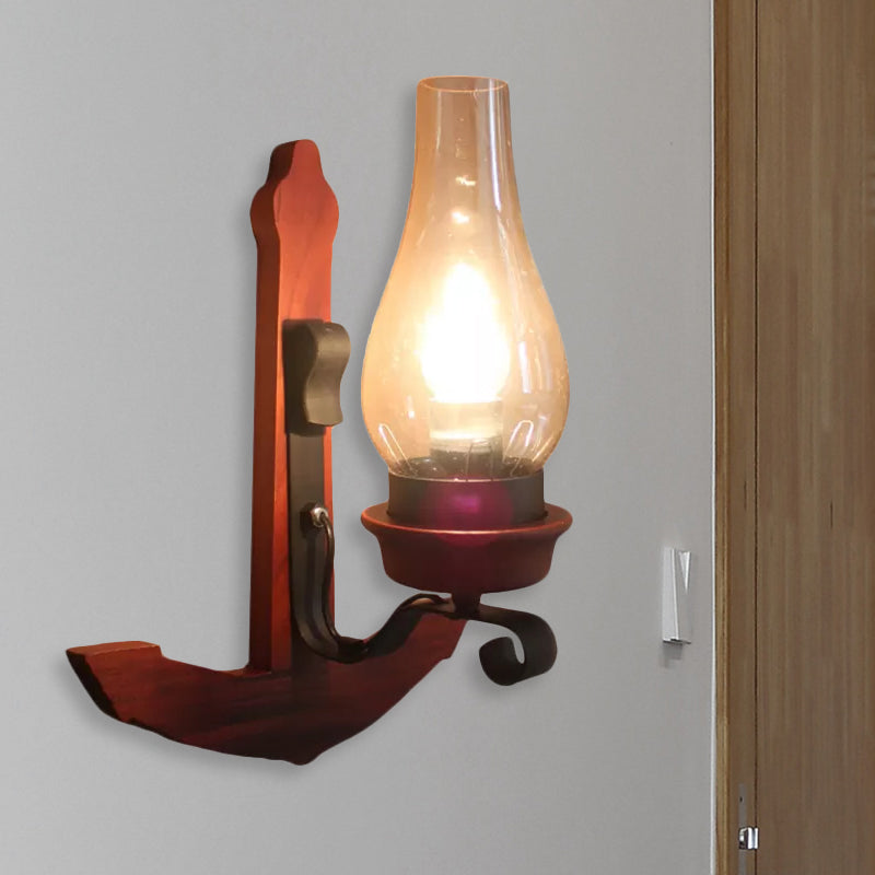 Vase Porch Sconce Light Fixture Industrial Clear Glass Rust Wall Lamp with Wooden Backplate Clearhalo 'Industrial wall lights' 'Industrial' 'Middle century wall lights' 'Rustic wall lights' 'Tiffany' 'Wall Lamps & Sconces' 'Wall Lights' Lighting' 1419177