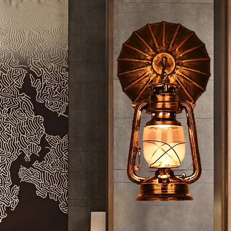 Clear Glass Rust Sconce Light Kerosene 1-Light Industrial Wall Lamp Fixture for Porch with Trumpet Clearhalo 'Art deco wall lights' 'Cast Iron' 'Glass' 'Industrial wall lights' 'Industrial' 'Middle century wall lights' 'Modern' 'Rustic wall lights' 'Tiffany' 'Traditional wall lights' 'Wall Lamps & Sconces' 'Wall Lights' Lighting' 1419183